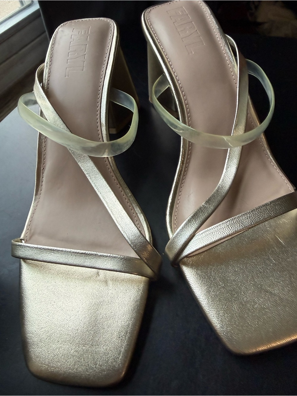 Gold Strappy Square-Toe Heeled Sandals - Women's Dress Slides